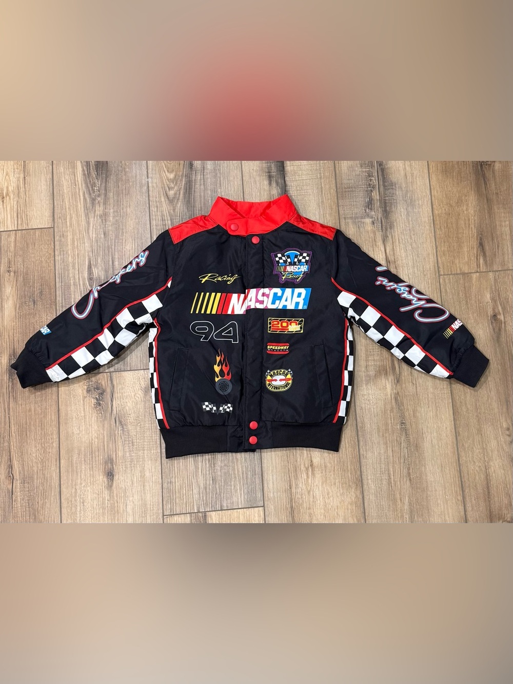 NASCAR Racing Kids Jacket Size 4/5 Black Red Checkered Flag Racing Coat